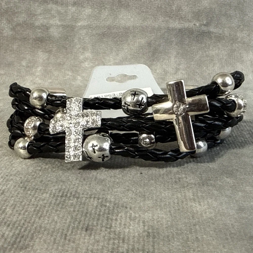 Tamina By Stella Faux Laether Corded Bracelet Silver Tone Cross White Rhinestone